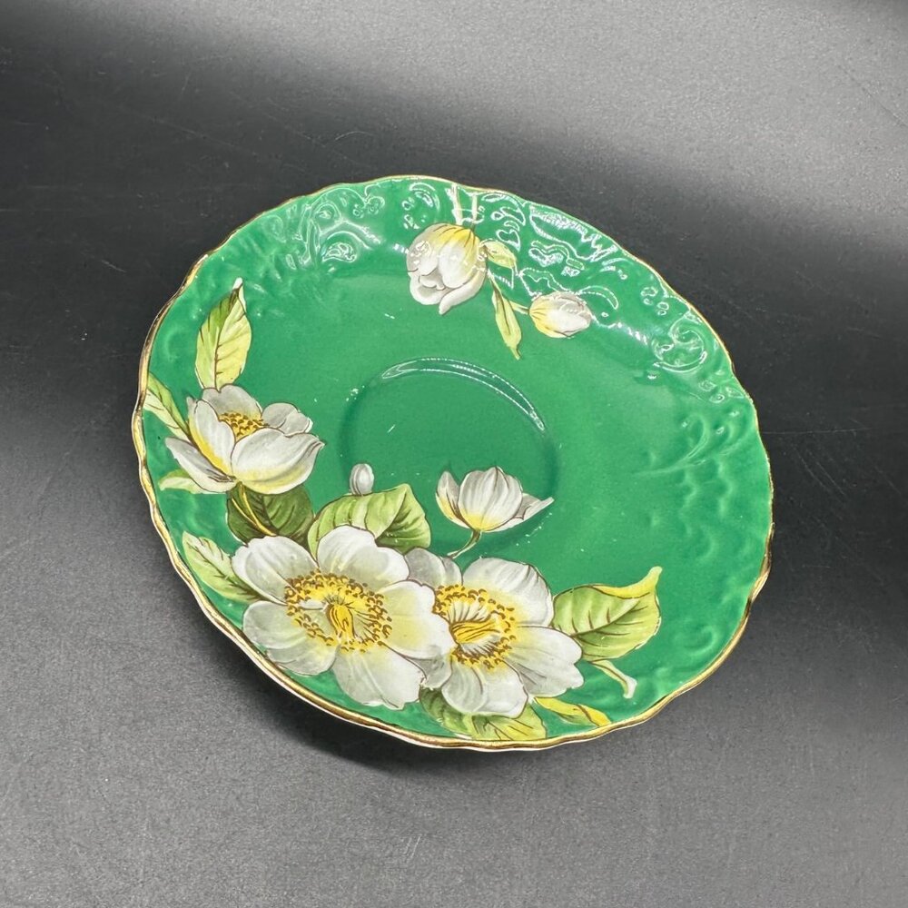 Vintage Aynsley England Saucer Plate Bone China Green Dogwood Floral Gold Trim
